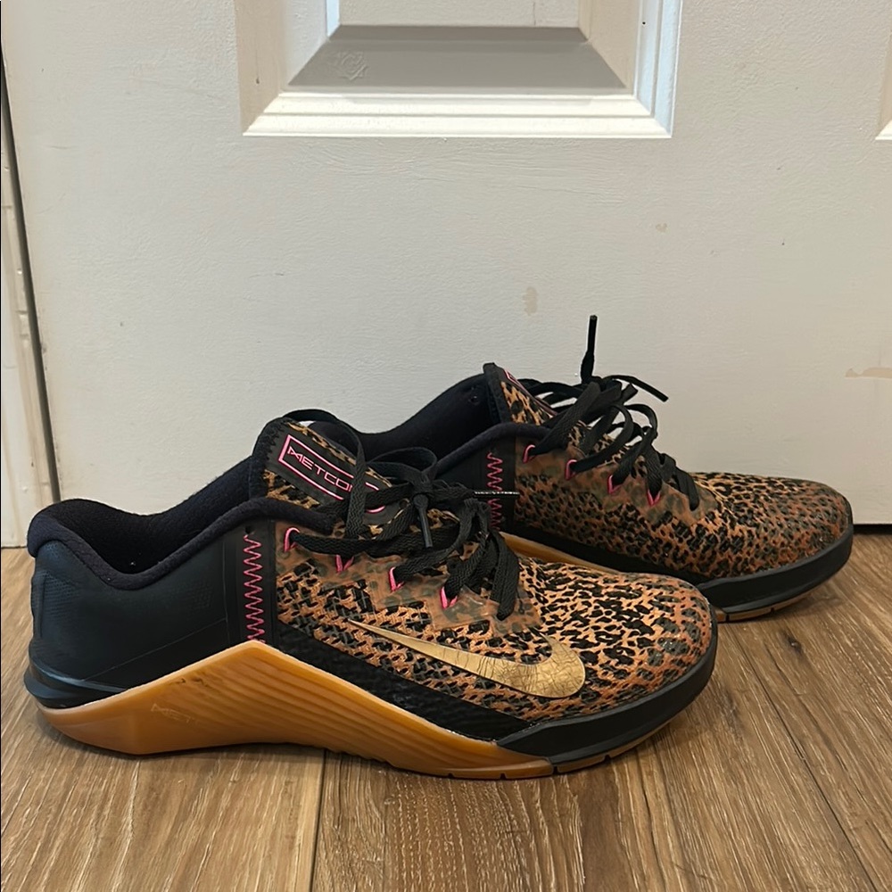 Leopard Print Athletic Shoes with Black and Gold Accents